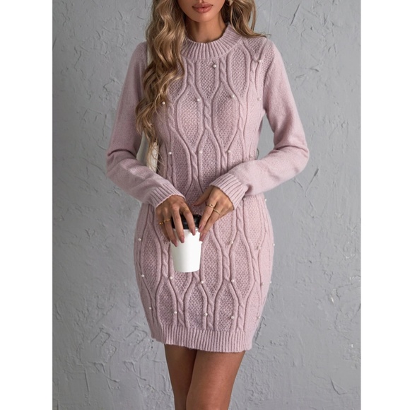 Baby Pink Sweater Short Mini Dress Faux Pearl Embellished Long Sleeve - Picture 2 of 9